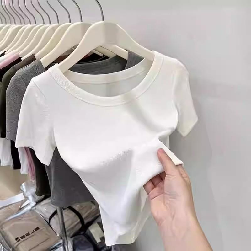 2025 Summer Simple Solid T Shirts Women’s O-neck Short-sleeve White T-shirt Casual Slim Elastic All-match Y2k Tops Women Clothes