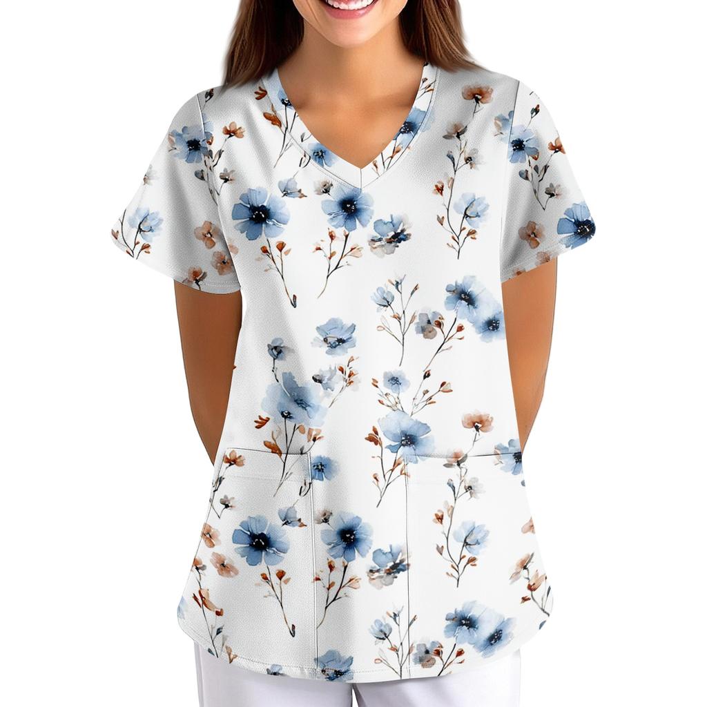 Women V Neck Printed Short Sleeve Loose Fit Scrub Top with Pockets for Nurses Caregivers Work Uniform Shirt
