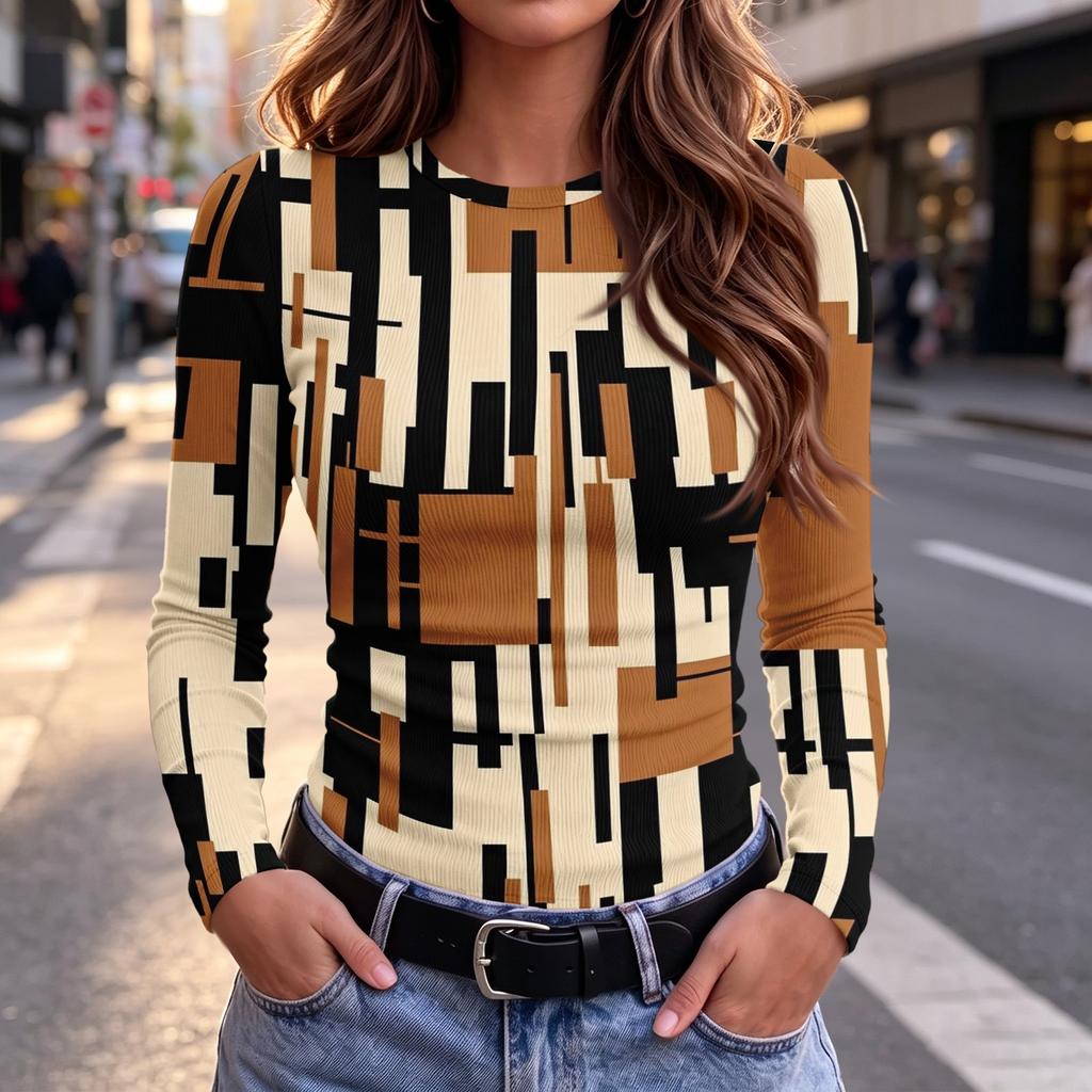 Women's Slim Fit Floral Long Sleeve Round Neck Shirt Tee Top for Everyday Casual Wear