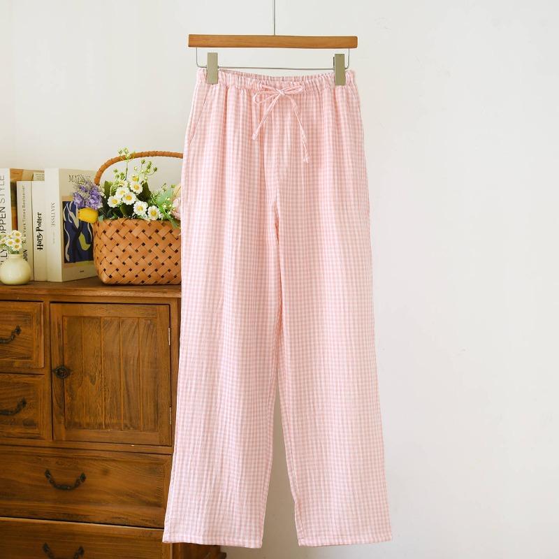 2026 New Spring/Summer Couple Sleeper Pants 100% Cotton Gauze and Women's Pants Simple Checkered Thin Home Pants