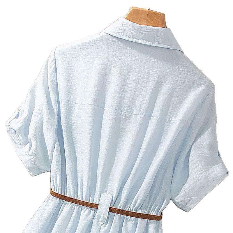 2026 Summer Korean Style Mid-Length Waist-Cinched Short Sleeve Shirt Dress for Women