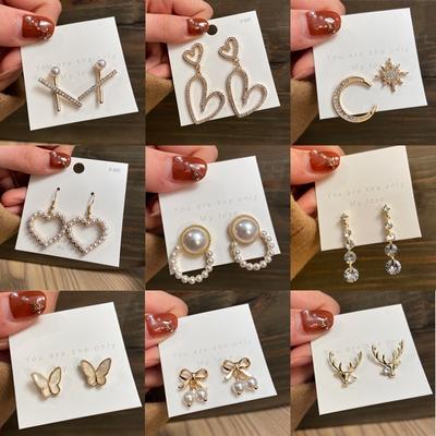 Korean Cute Rhinestone Earrings for Women Fashion Cross Moon Heart Pearl Earrings Deer Butterfly Dangle Earrings Jewelry