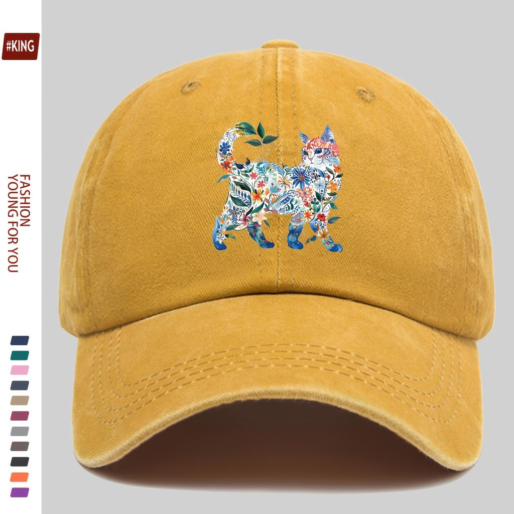 Watercolor Flowers Cat Baseball Cap Men Women Adjustable Snapback Trucker Hat Casual Sport Breathable Hip-hop Sunshade Hat