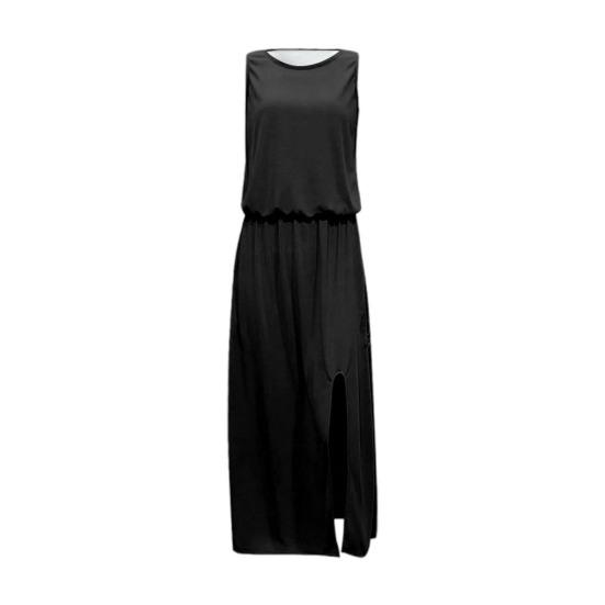 Women Beach Dress Round Neck Sleeveless Elastic High Waist Maxi Dress with Pockets Solid Color Split Hem Long Dress