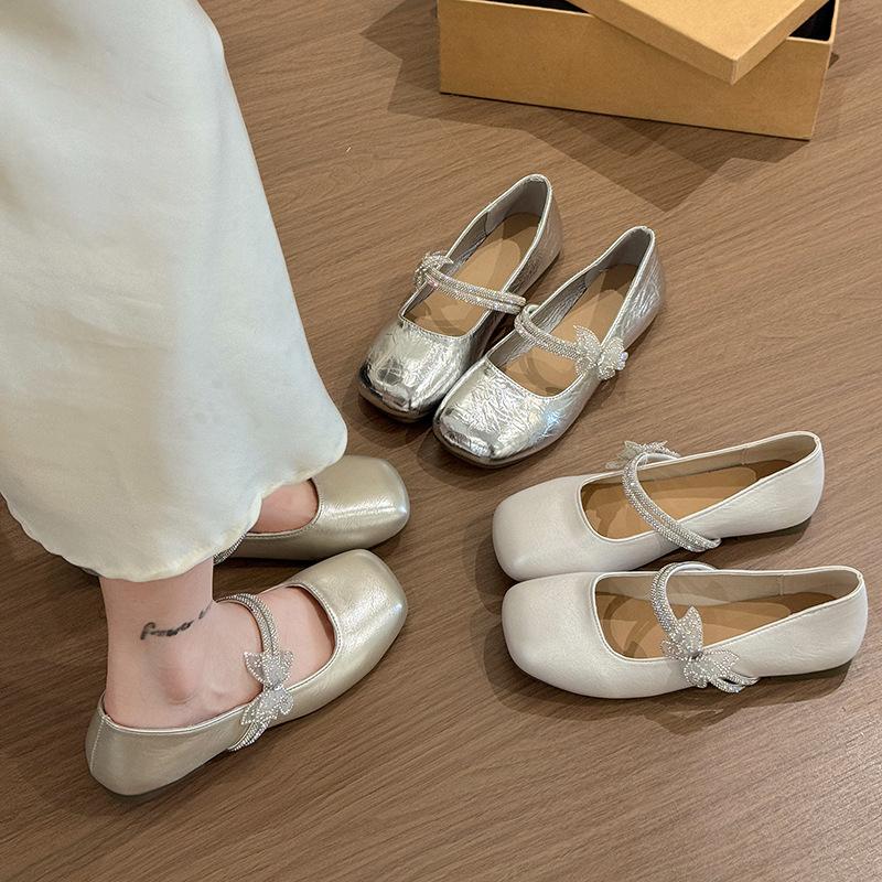 Francouzské baleríny stříbrné dámské 2025 nové letní k sukni Mary Jane malé kožené boty baletní večerní boty