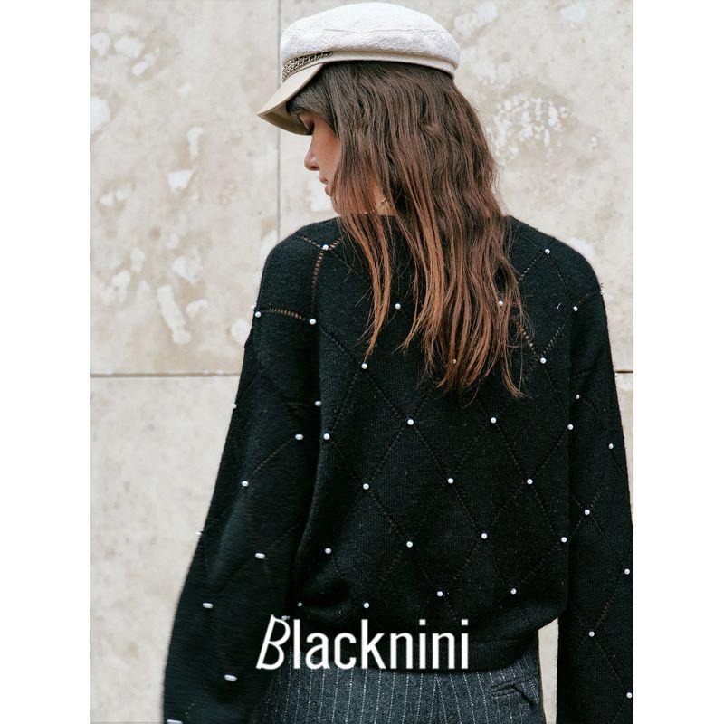 Blacknini Yin Huafu/"Pearl Shirt" Herbalife Fleece Rhombus Hollow Round neck sweater Pullover Knit