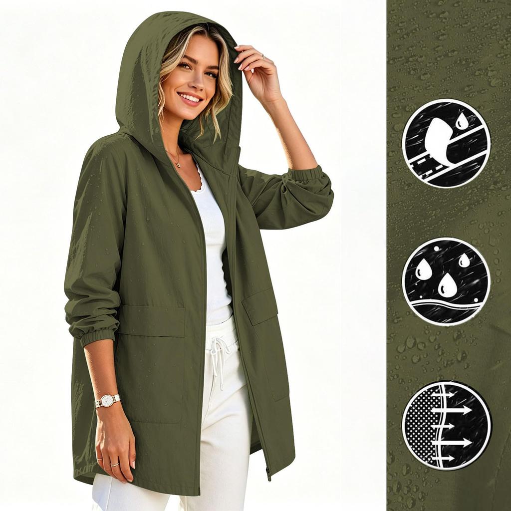 Women's Waterproof Windproof Hooded Jacket Lightweight Zip Front Outdoor Raincoat Casual Long Sleeve Windbreaker