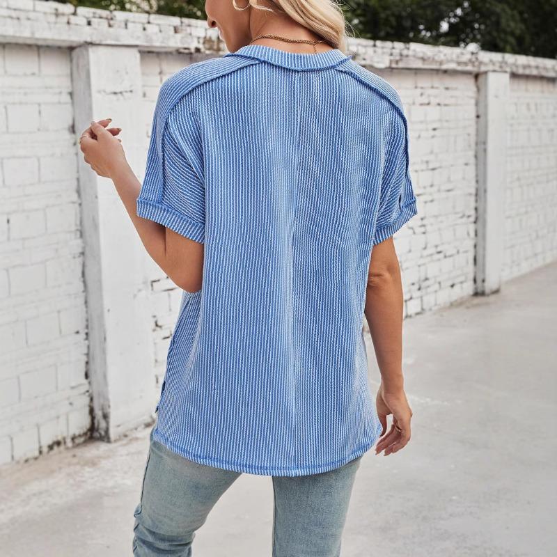 Women European Style V Neck Batwing Sleeve Spliced Slit Loose Pullover T Shirt