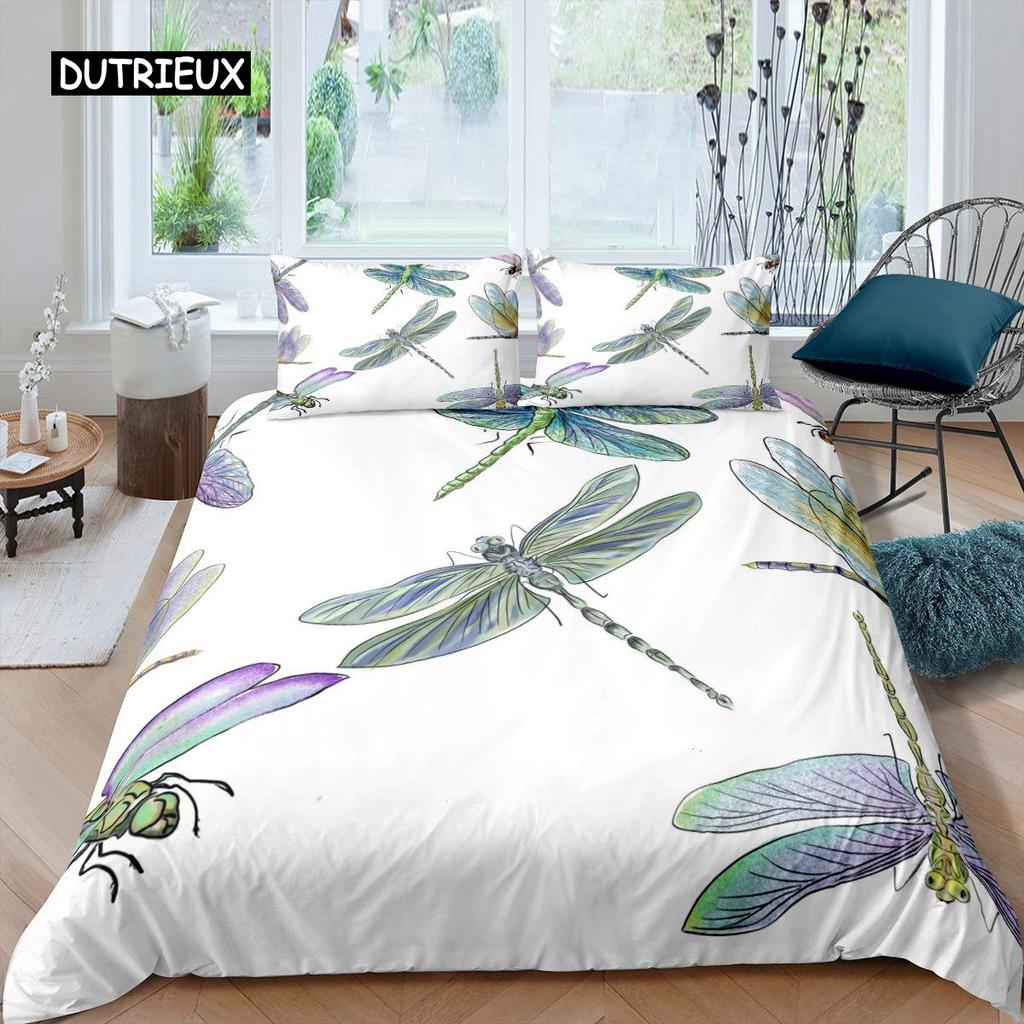 Dragonfly Duvet Cover Set King Size Colorful Wing Bedding Set for Kids Teens Adult Forset Wild Animal Theme 2/3pcs Quilt Cover