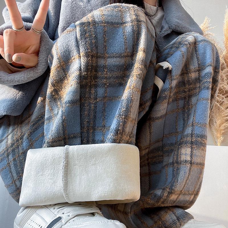 Women's Winter Fleece-Lined Tweed Plaid Wide-Leg Pants: Warm, Thick, Loose, and Straight-Leg Design.