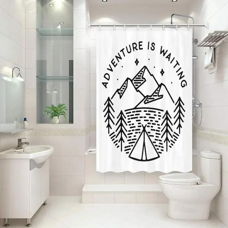Shower Curtains For Camper Trailer Bathroom, Camping Tent Trees And Mountain Printed,With Hooks Bath Curtai