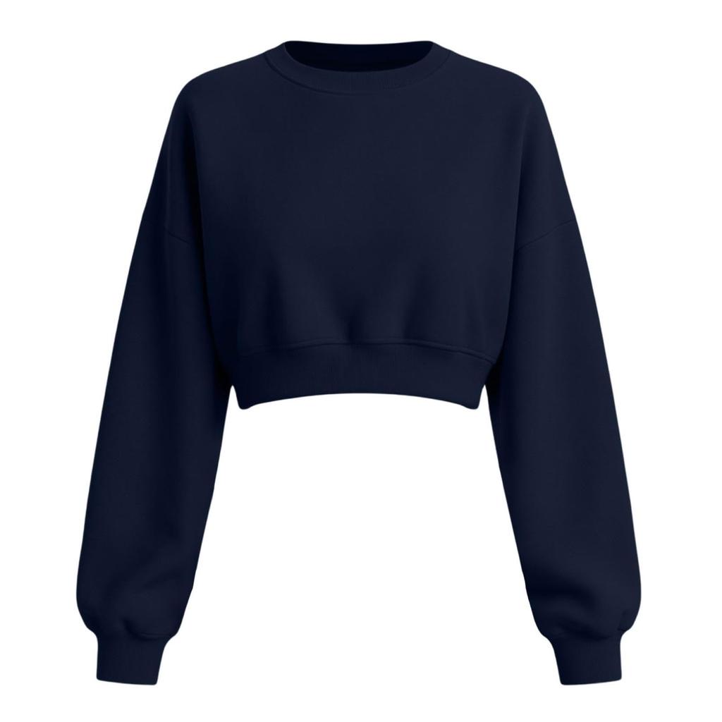Women's Casual Cropped Sweatshirt Long Sleeve Pullover Crewneck Relaxed Fit Lightweight Top for Everyday Wear