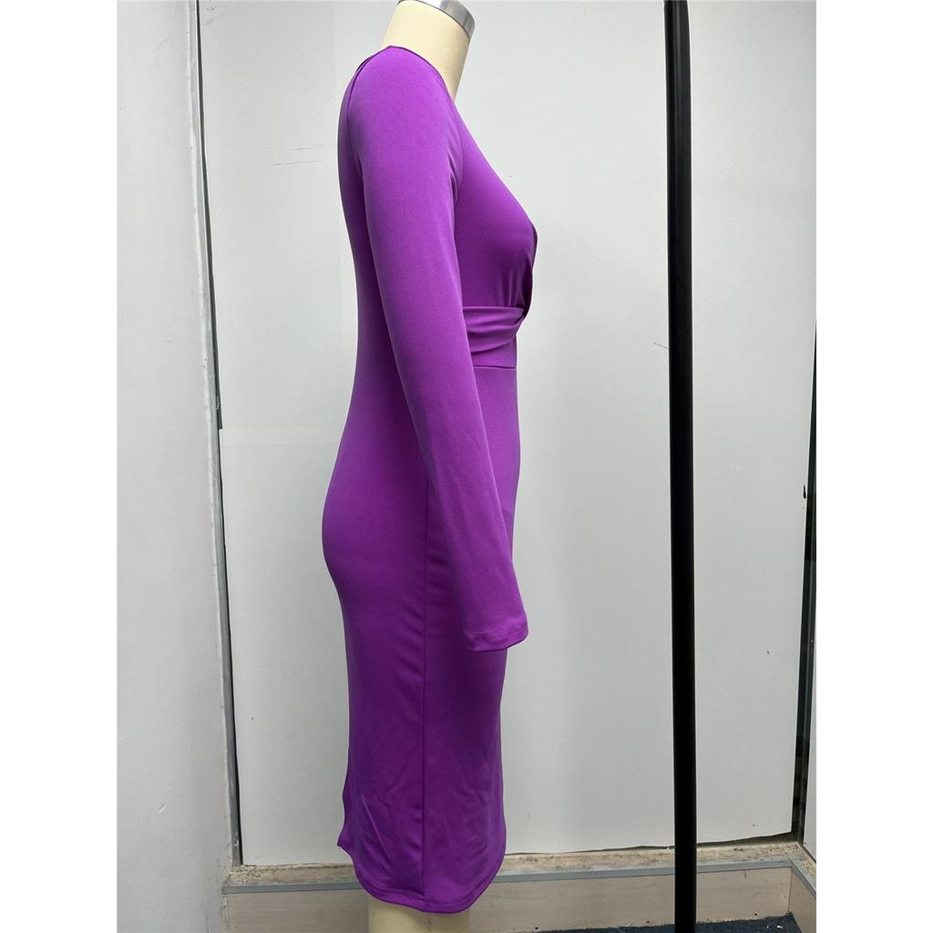Damen Langarm Rundhals Französisch Retro Slim Langes Kleid