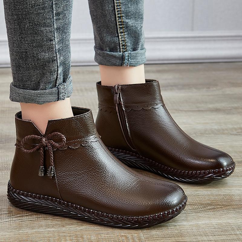 Winter Women Genuine Leather Casual Lightweight Ankle Boots Female Plus Velvet Warm Snow Boots Mother Waterproof Non-slip Boots