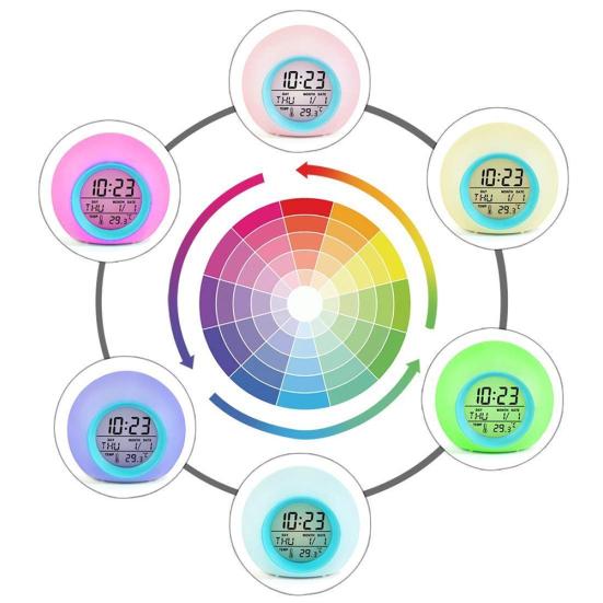 Round Colorful Backlight LED Time Date Temperature Display Snooze Alarm Clock