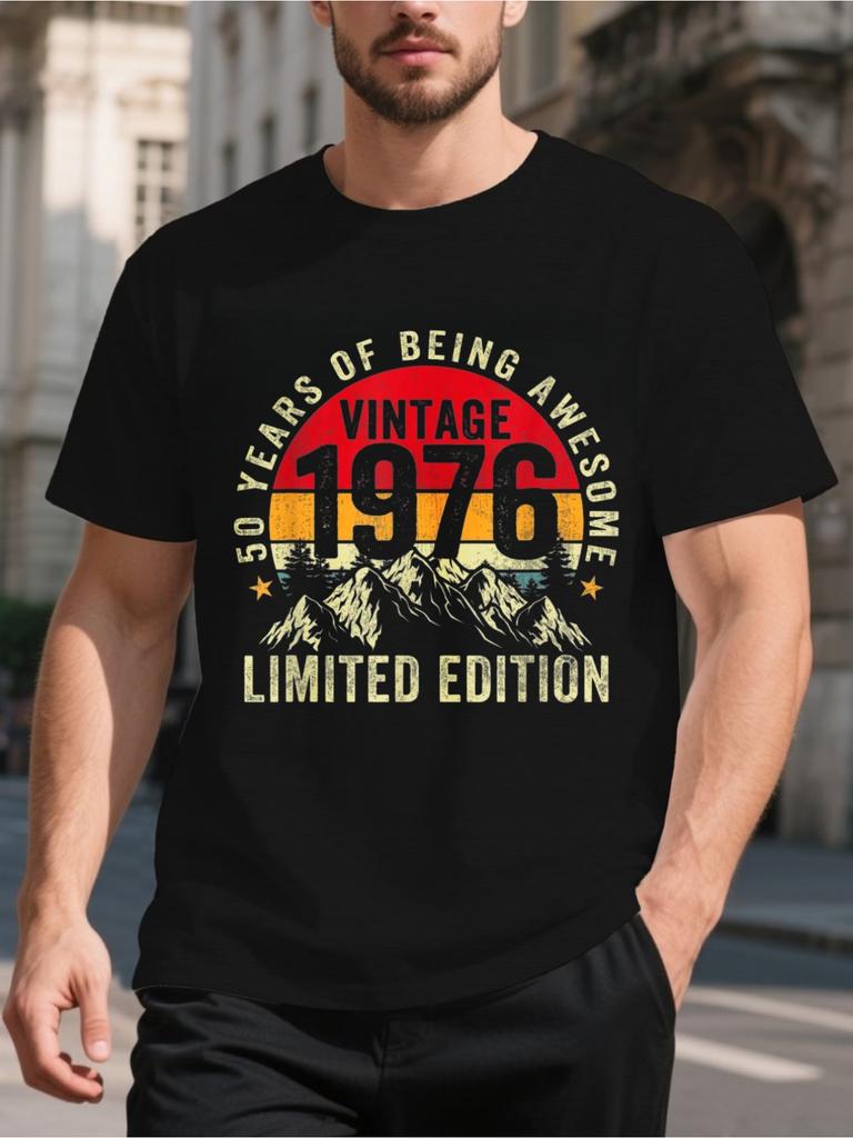 Vintage 1976 Limitierte Auflage T-Shirt Schwarz 50 Jahre Großartigsein Berg Sonnenuntergang Design für Geburtstagsfeier Und Freizeitkleidung NEU Mode