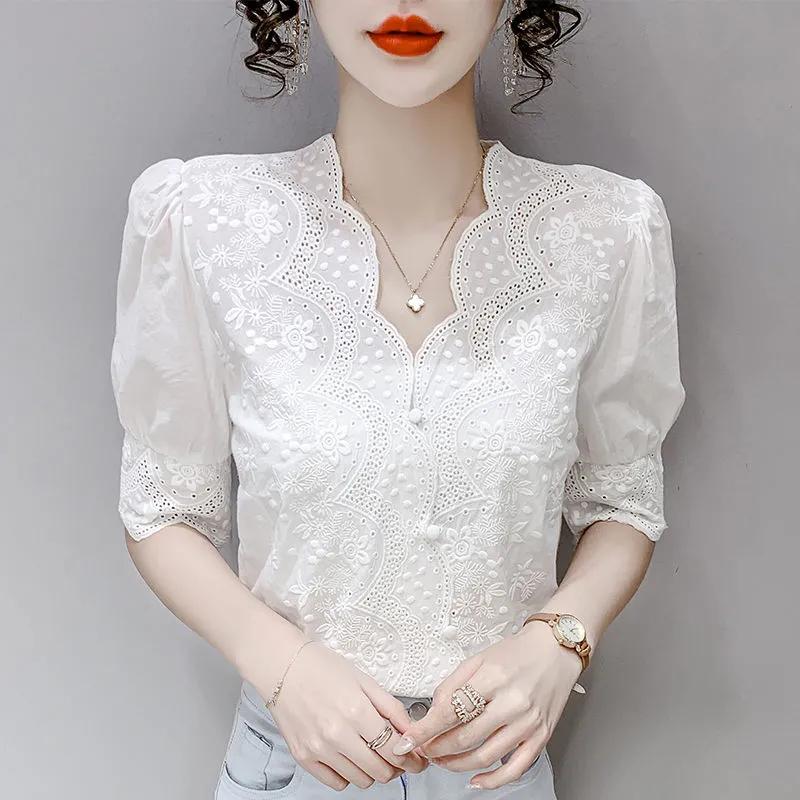 

Весна-лето вышивка рукав-фонарик льняной хлопок женская блузка повседневная белая ажурная рубашка с коротким рукавом XXL белый