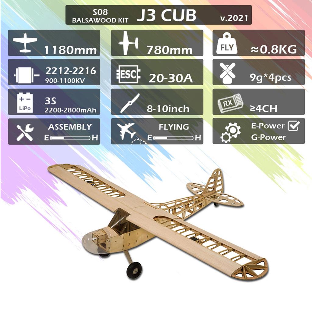 RC Wood Plane, Dancing Hobby S0801 Balsa Wood RC Plane 1.2M Piper Cub J-3 Remote Control Craft KIT Version Flying Model with Large