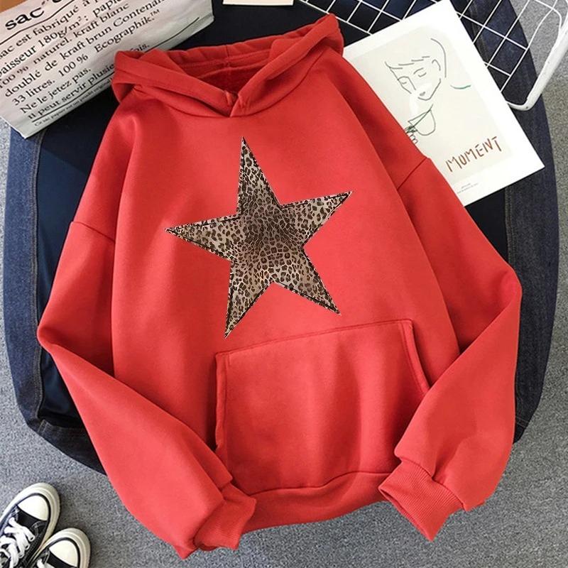 Sweatshirts Pullovers Vintage à Manches Longues pour Femmes Regular Gothique Automne Hiver à Capuche Streetwear Imprimé Léopard Étoile Y2k Sweats à Capuche