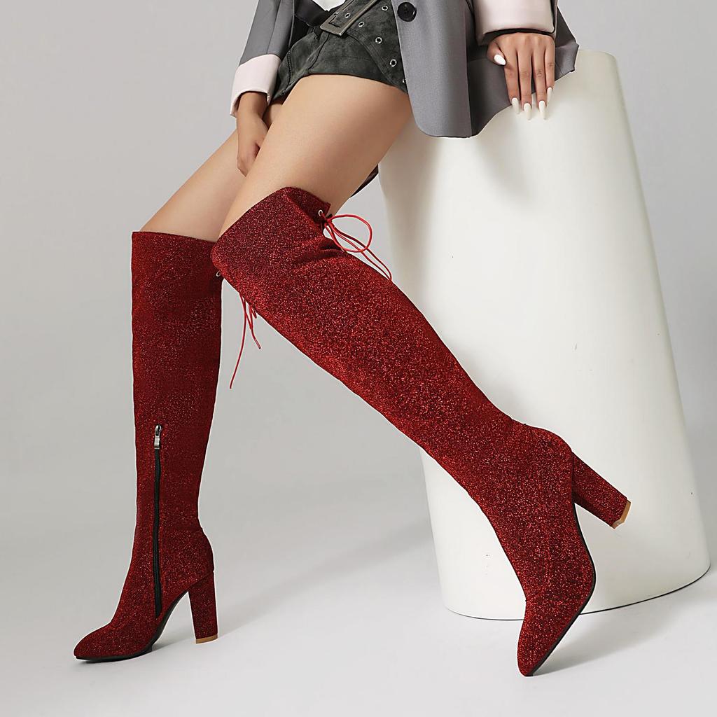 Women Thigh High Boots Grainy Sequin Bling Bling Over the Knee Boots Back Lace Up Sung Fit Casual Heels Shoes
