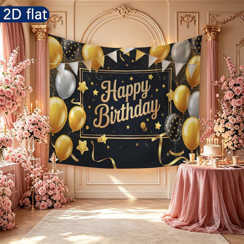 Birthday Party Flowers Butterflies Balloons Banner, Pastel Polyester Backdrop for Wall Hanging Decor