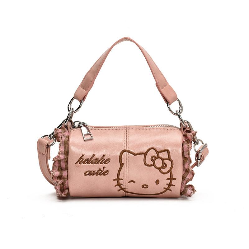 Borsa a Spalla Singola Cilindrica con Decorazione in Pizzo a Rete Ricamato Hello Kitty per Donna
