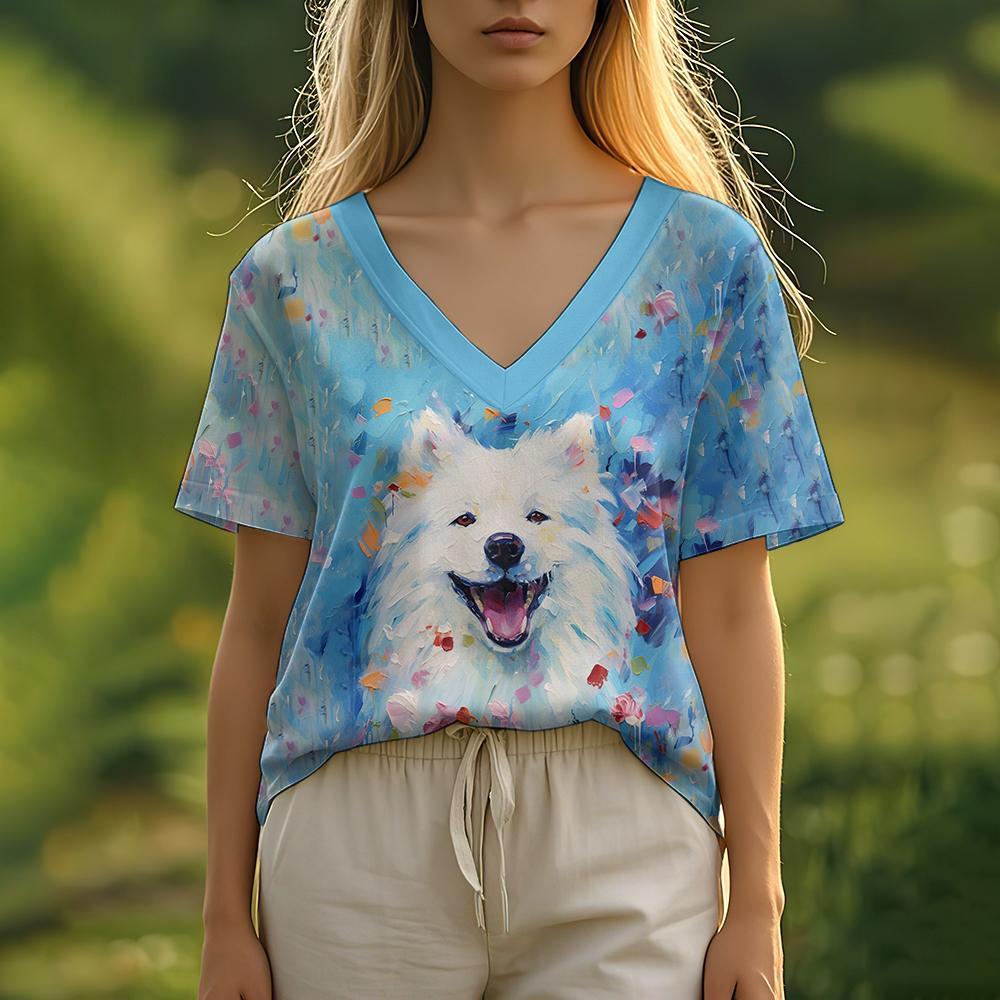 Summer Women's T-Shirt Oil Painting Puppy Print Casual Short-Sleeved 3d T-Shirt Fashion Street Wear V-Neck Pullover Oversized Wo