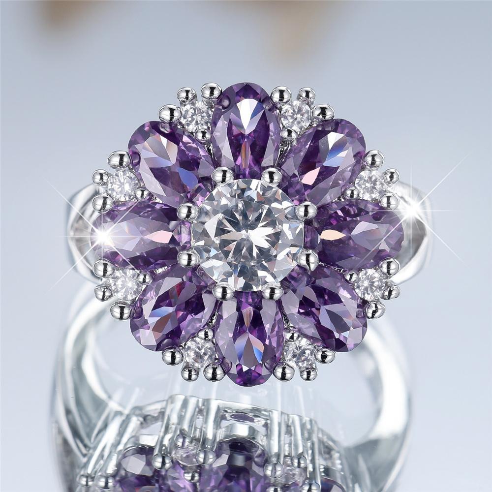 Cute Female Purple Zircon Stone Flower Ring Silver Color Engagement Charm Wedding Jewelry For Women