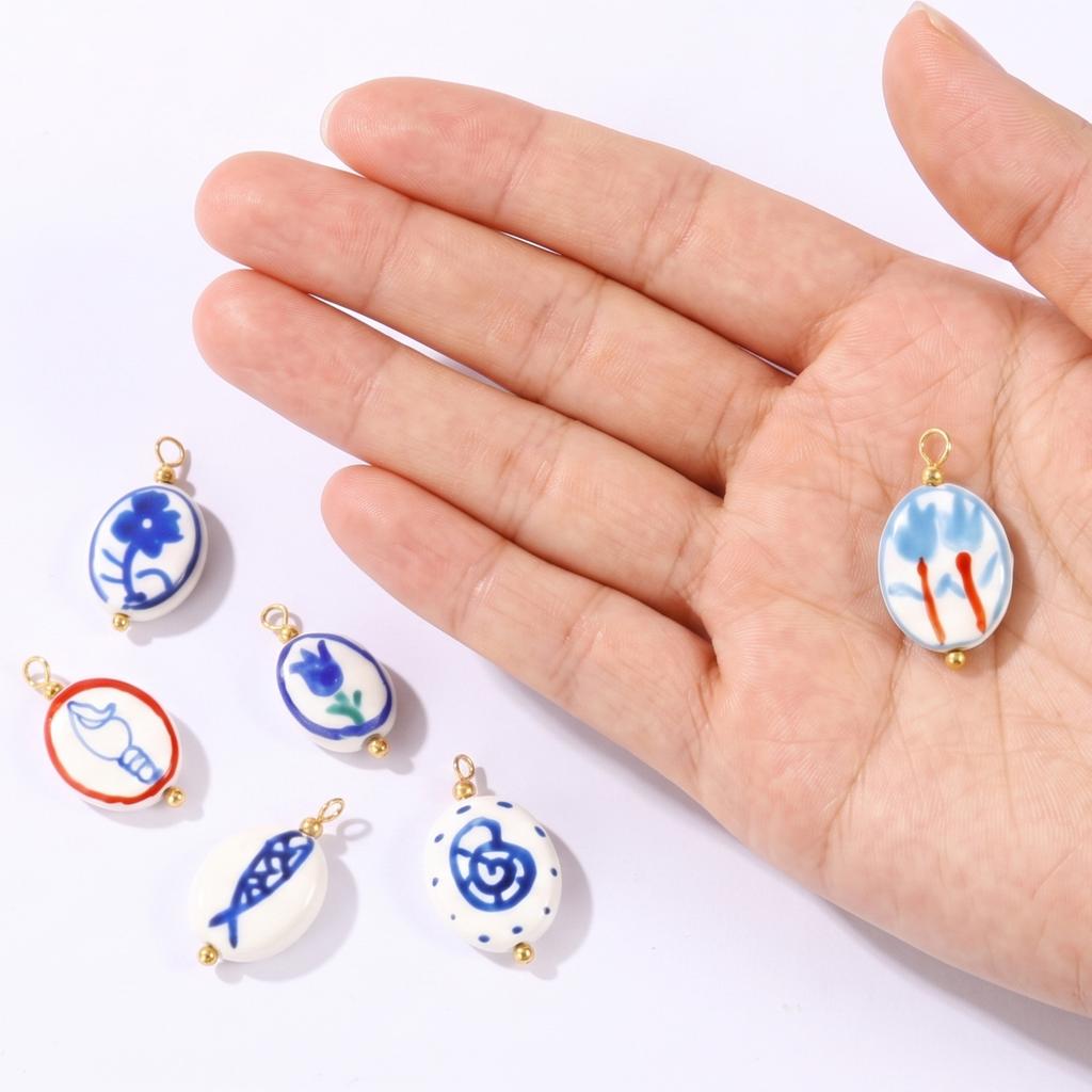 5pcs Ceramic Charms Oval Beads Dark Blue Double Sided Hand-Painted Fish Flower Conch Brass Pendants For DIY Necklace Making
