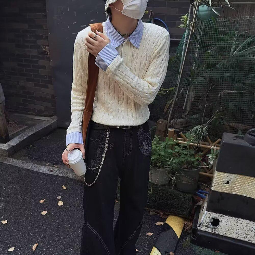 Мужской зимний свитер с косами, воротником-поло - Стиль Old Money, Пэчворк и Полосы 3XL