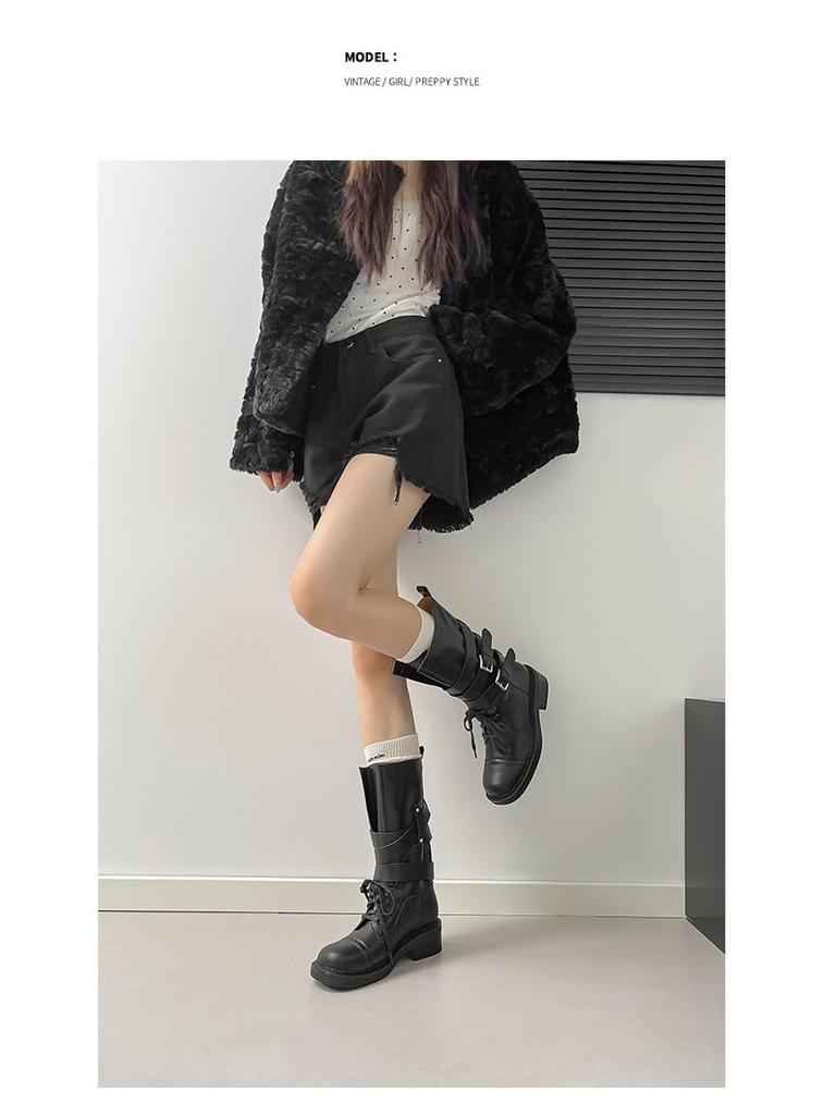 2025 Autumn/Winter Women's Retro British Mid-Calf Lace-Up Belt Buckle Martin Boots - Thick Sole, Height Increasing Western Style