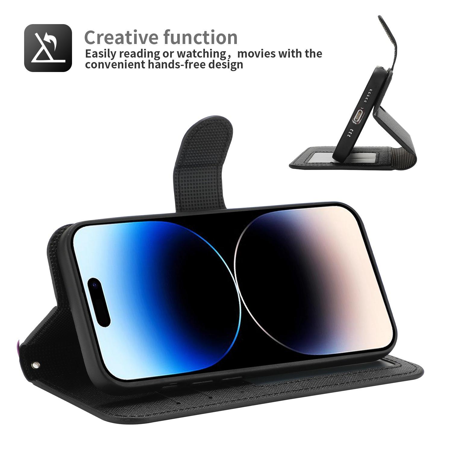 

For iPhone 14 Pro Detachable TPU Back Case Cross Texture PU Leather Drop-proof Cover Flip Stand Wallet Shell Black