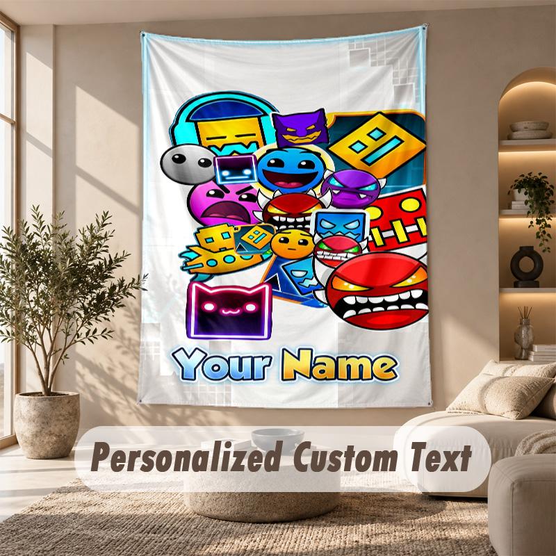 Geometry Dash Tapestry, Personalized Custom Text, Wall Hanging Tapestry For Living Room Home Wall Decor
