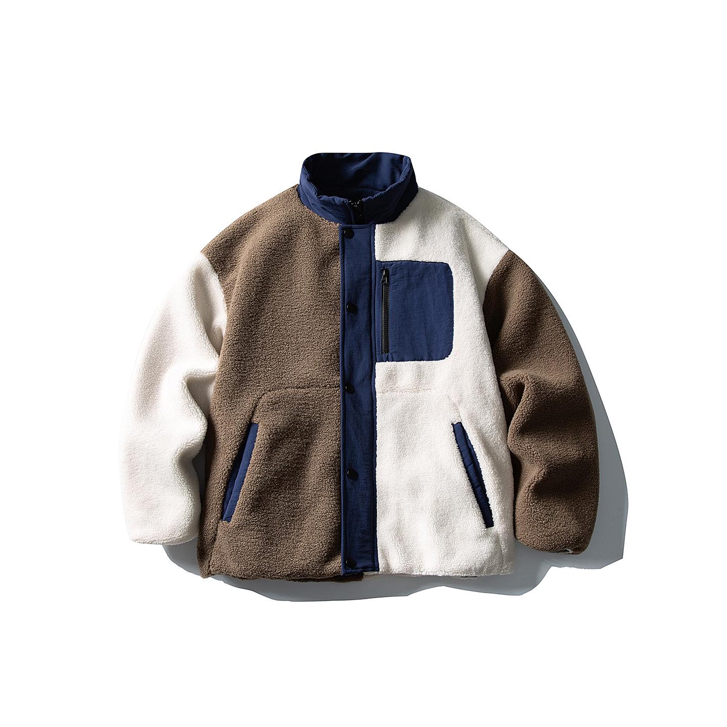 

Retro Patchwork Color Block Lambswool Stand Collar Jacket - Versatile Casual Workwear for Couples Large бежевий/кавовий