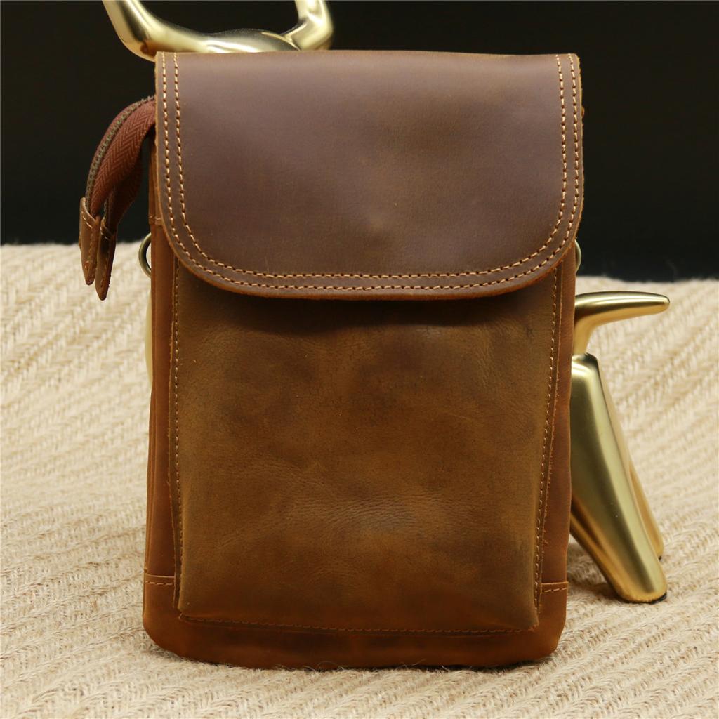 New Men's Retro Crazy Horse Genuine Leather Waist Bag Belt Hanging Phone Pouch Multi Purpose Shoulder Crossbody Belt Bag for Daily Travel Outdoor Use