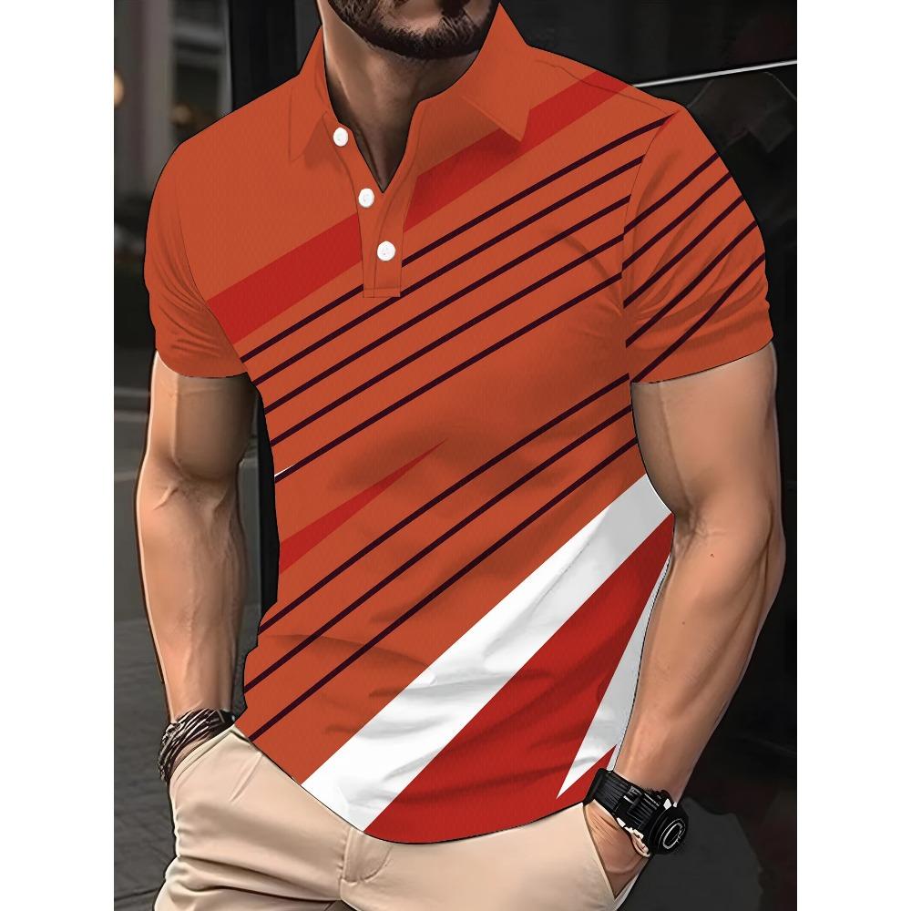 Color block men's shirt, fashionable striped printed T-shirt