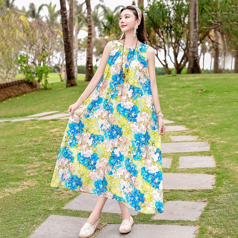 Sleeveless Cotton Dress Summer Loose Plus Size Slimming Vest Vacation Long Dress Elegant Beach