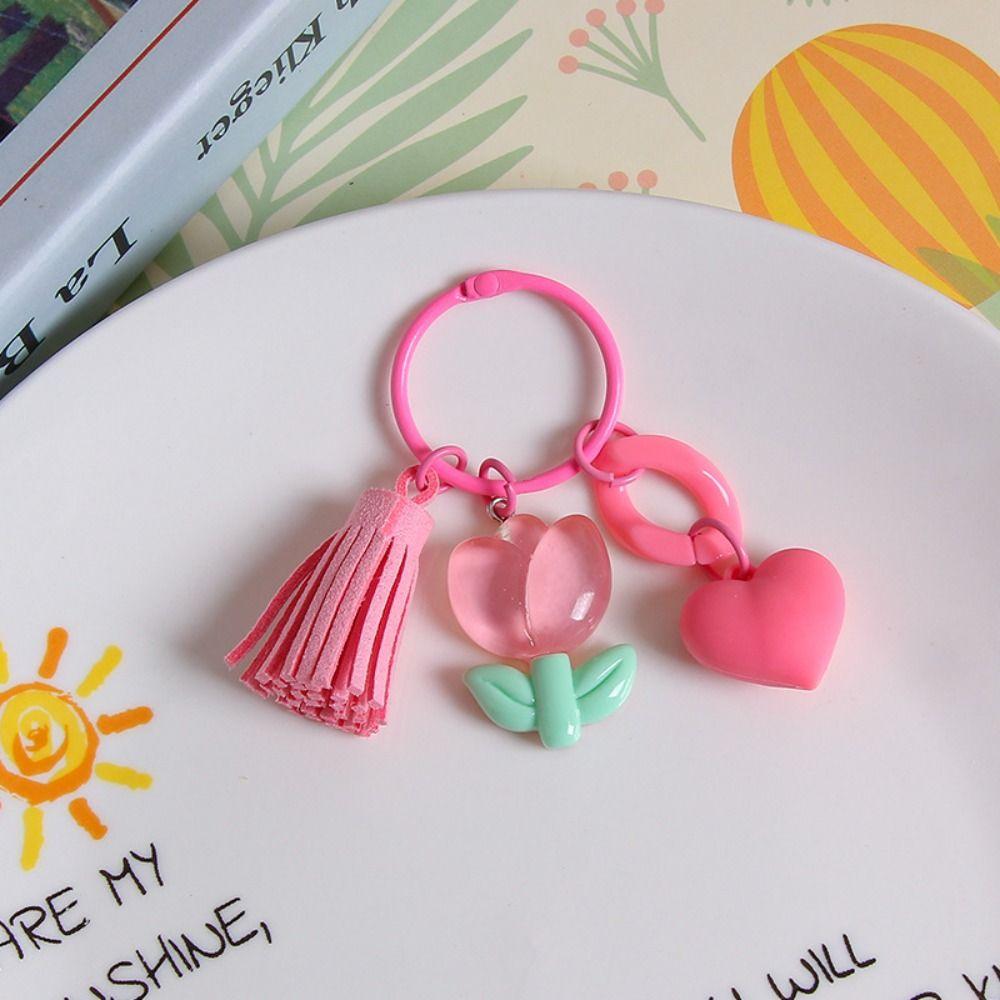 With Tassel Tulip Flower Keychain Young Girl's Heart Sweet Resin Tulip Keyring   Earphone Case