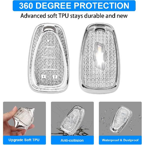 QBUC For Chevy Key Fob Cover With Diamond Keychain, 5 Button Key Case For Women For Chevrolet Equinox Malibu Camaro Blazer Cruze Traverse Trax Volt