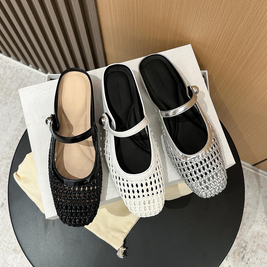 796-19 Square head woven hollow and breathable inner height increase rear empty single shoes women's spring and summer word with casual flat shoes