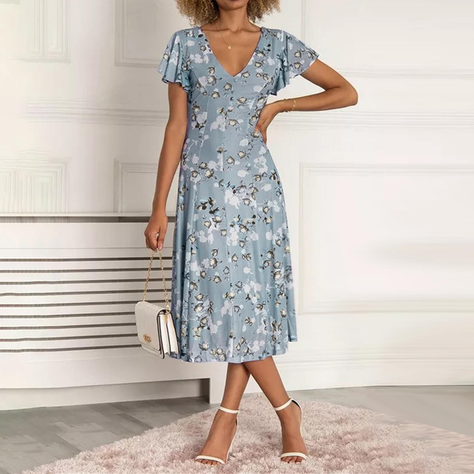 

Женское свободное длинное платье с шифоновым цветочным принтом и короткими рукавами с рюшами и V-образным вырезом, модное струящееся платье с талией XXL