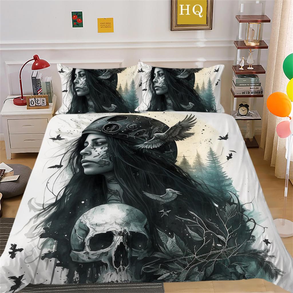 3D Beauty Skull Head Bedding Set Beauty Skull Head Motorcycle Pattern Quilt Cover Pillow Case 2/3 Pieces Microfiber Fabric Full Size Home Decoration