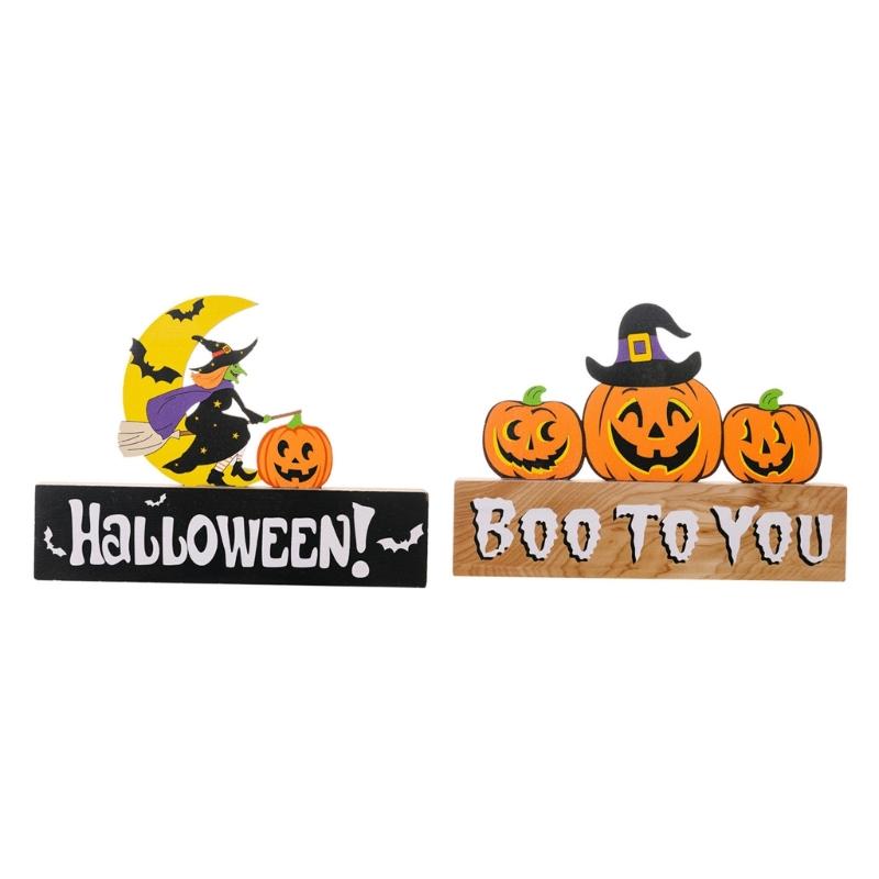 2Pcs Creative Halloween Gnomes Pumpkin Witch Figurines Wooden Block Table Sign For Festives Home Shelf Tiered Tray Decors