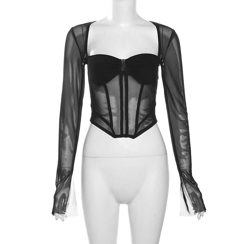 Women's Black Mesh Long Sleeve Corset Top, Square Neck Sheer Boned Crop Top for Streetwear & Party