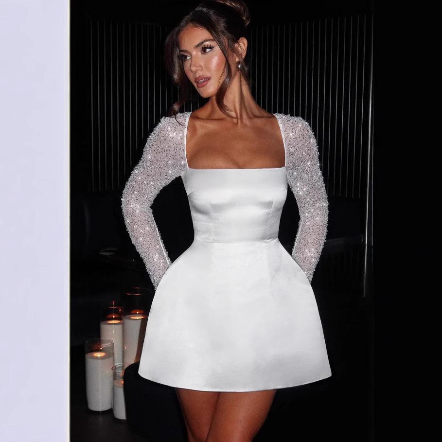 Elegant Solid Color A-Line Dress with Square Neck & Lace Patchwork - Winter 2024 Collection