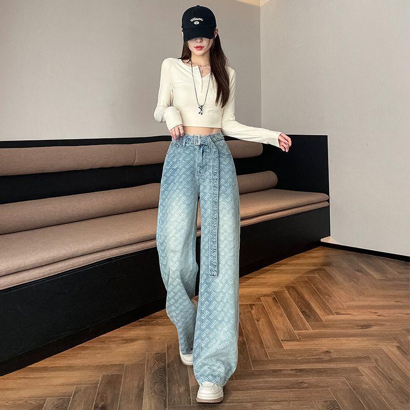 

Джинсы с высокой посадкой, свободного кроя, с принтом букв, прямого жаккардового плетения, женский новый стиль, облегающие жаккардовые брюки с широкими штанинами, стройнящие фигуру XXL