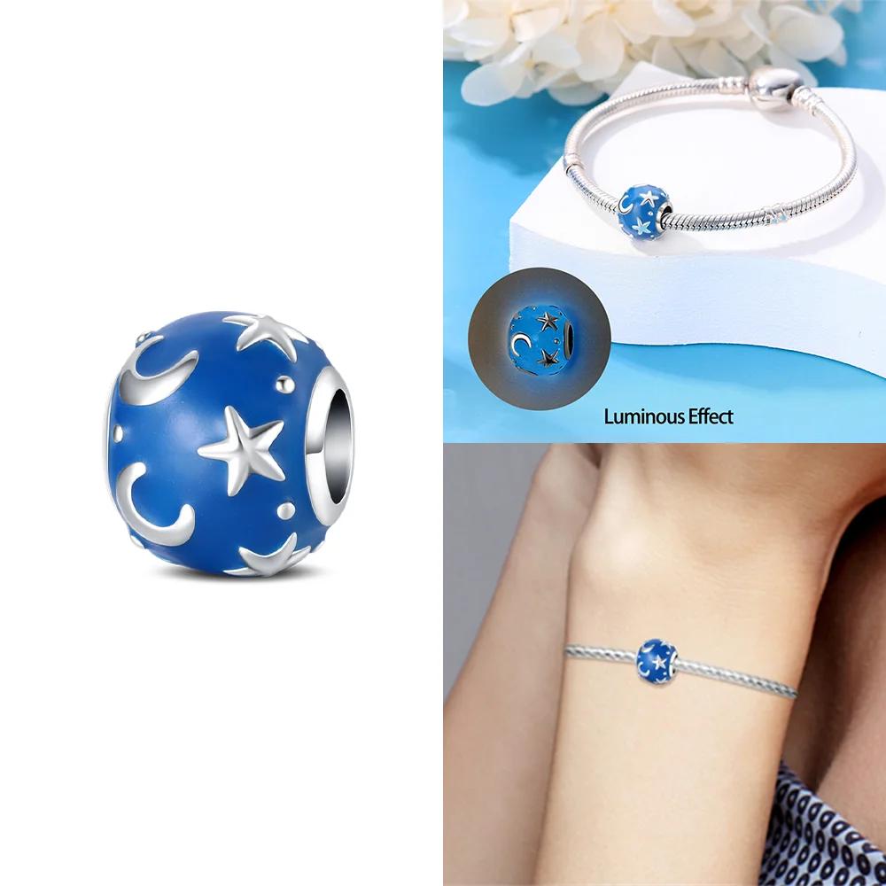 Exquisite Original Beautiful Blue Star Spaceship Heart Charms Copper Beads Fit Bracelet Women Jewelry Diy Fine Gift