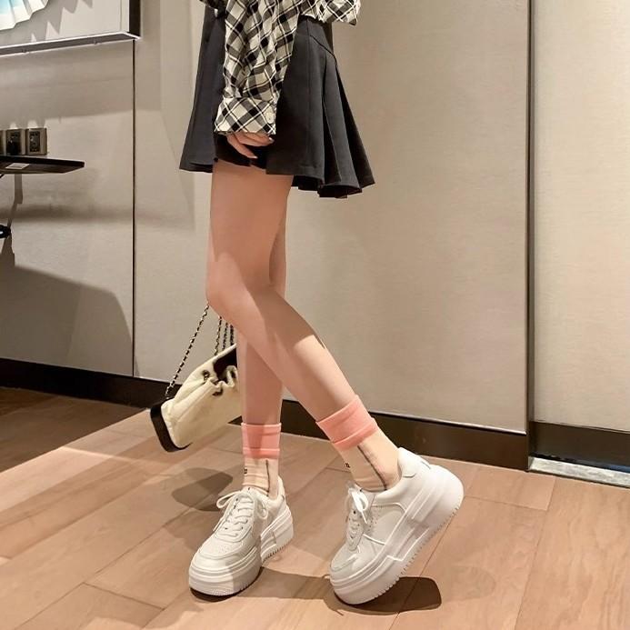 [Shei Same Style In Stock] Seoul Sunny Day~ South Korea Leather Heightening Platform Casual Sports Board Shoes White Shoes
