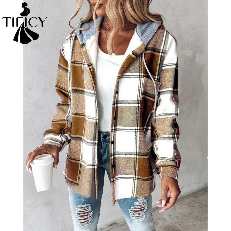 TIFICY Women's Fashion Casual Plaid Print Autumn Winter Long Sleeve Hooded Jackets & Coats
