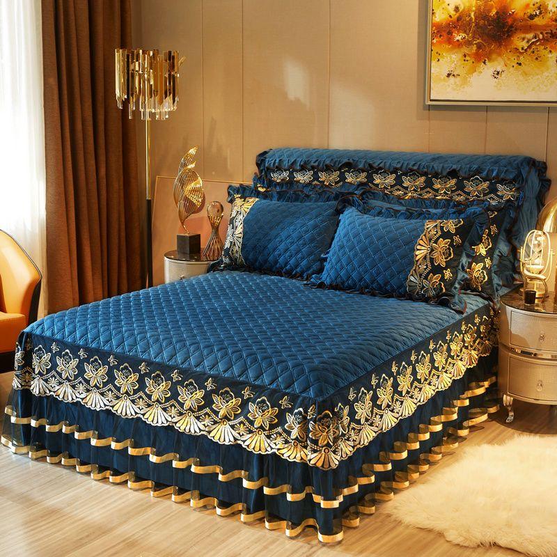 3pcs Luxury High-end Lace Fitted Sheet Set, Soft Comfortable Breathable Solid Color Clip Cotton Bedding Bed Skirt Style Mattress Protector Set